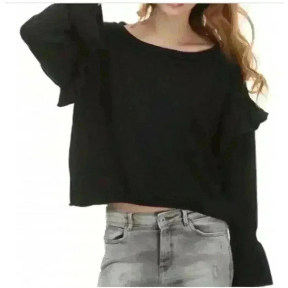 Zara Knit Black Flounce Sweater Bell Cuff Ruffle Shoulder Black Women Size Small - Picture 10 of 12